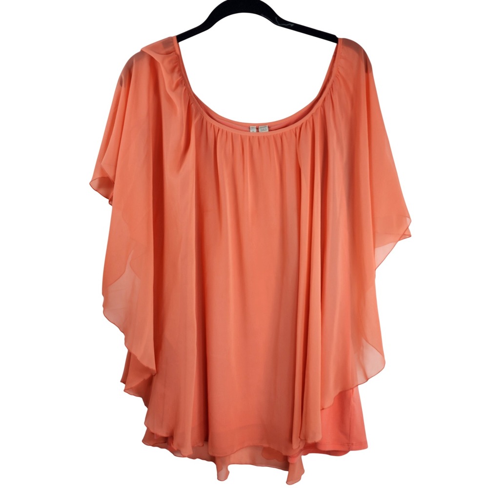 Womens Plus Size 26/28W‎ Orange Tank Top Sheer Sleeve Overlay Flowy Layer Twofer